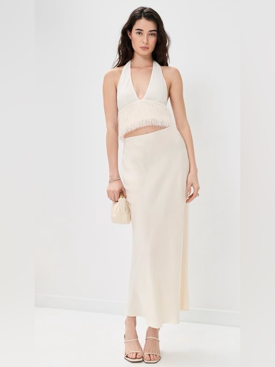 2-Piece Bec + Bridge Silk Bias Maxi Skirt In Cream & Finley Halter Top In White